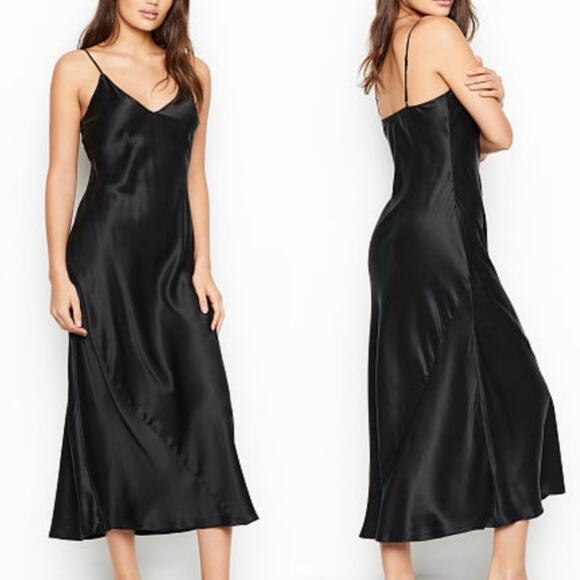 Victoria’s Secret 100% Mulberry Silk Black Slip Dress Spaghetti Strap Large - Picture 1 of 9
